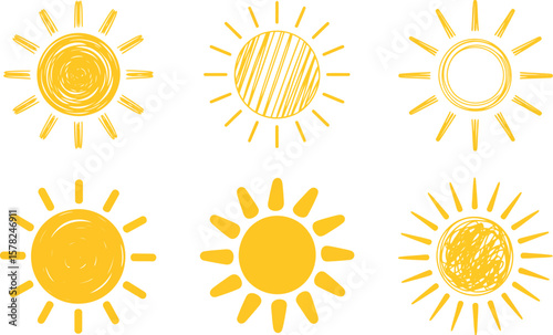 A collection of six yellow sun illustrations with different designs on a white background