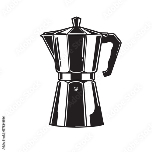 Black and white illustration of a moka pot coffee maker stovetop espresso maker Italian coffee maker