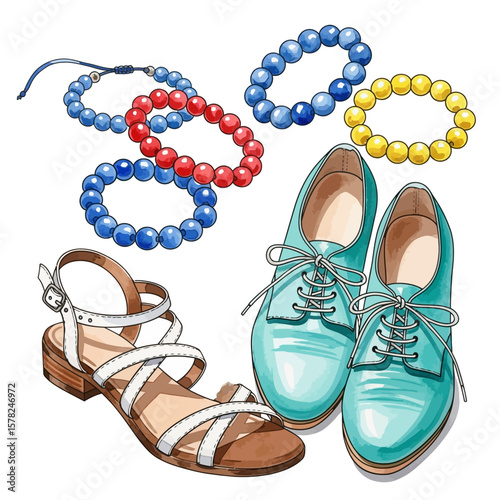 Fashionable Footwear and Beaded Bracelets: A Stylish Accessory Collection.