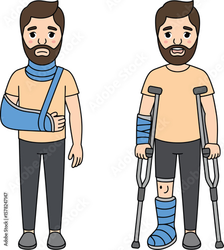 Cartoon depiction of a man with a broken arm in a sling and a man with a broken leg on crutches