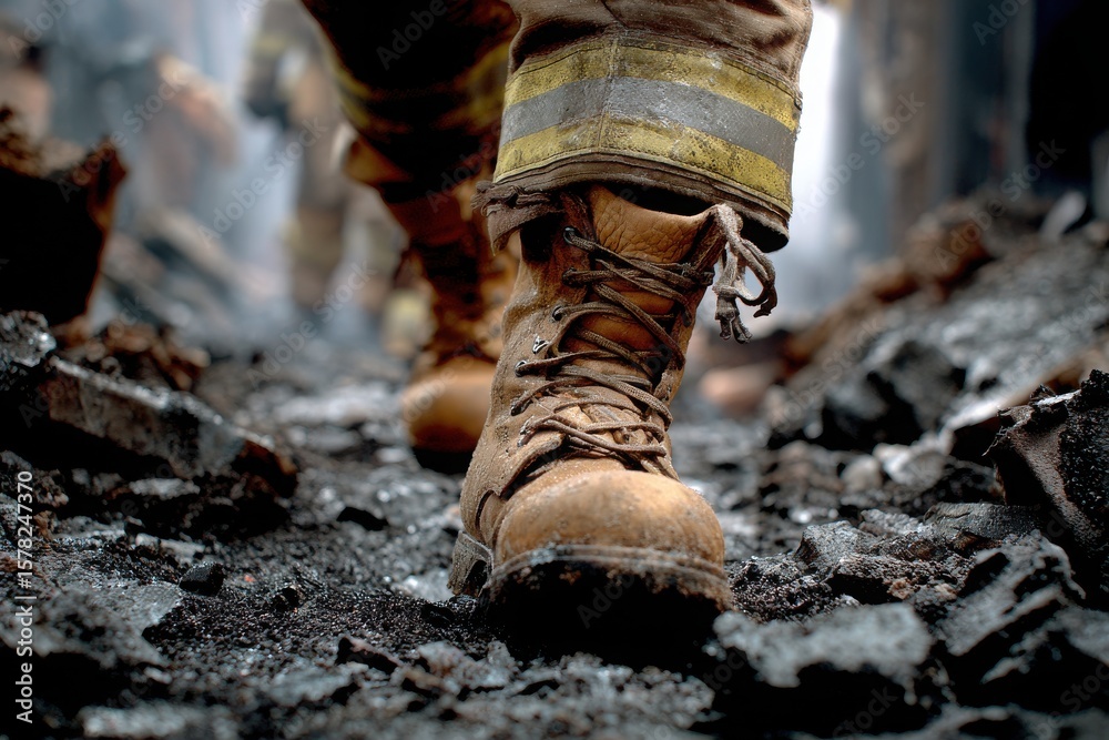 Obraz premium Firefighter navigating through debris in a smoky environment, showcasing resilience and bravery