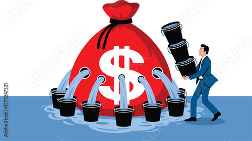 Cartoon illustration of a red money bag with dollar sign leaking water into black buckets