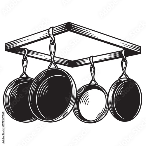 Black and white illustration of hanging cookware pots pans