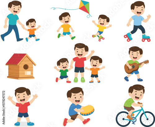 A cartoon illustration depicting a father and son engaging in various activities and hobbies together