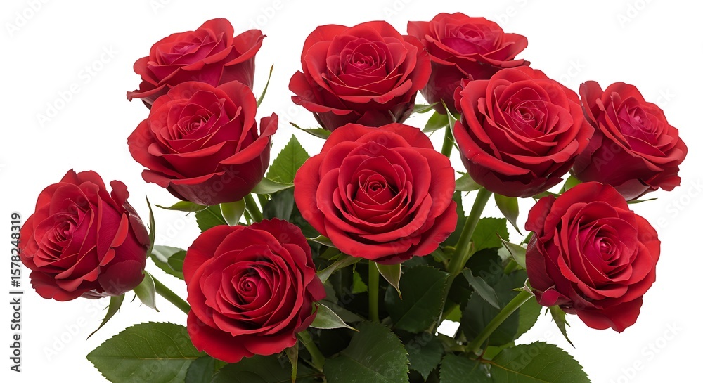 Fototapeta premium Vivid Red Roses Bouquet Against White Background, Romantic Floral Arrangement.