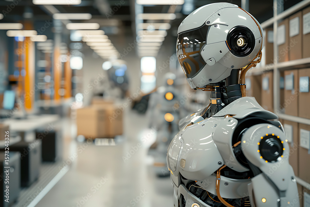 未来型ロボットが倉庫内で作業状況を監視する近未来の風景 未来型ロボットが倉庫内で作業状況を監視する近未来の風景