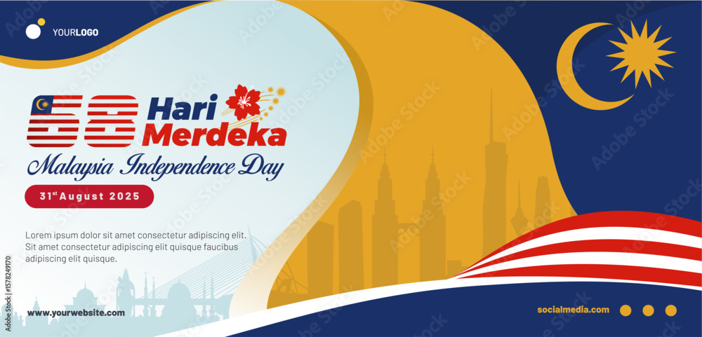 Fototapeta premium Celebrate 68th Malaysia Hari Merdeka Independence Day 2025 greeting banner template with Kuala Lumpur landmarks, 68 logo and national identity elements. Best for Malaysia national events celebrations