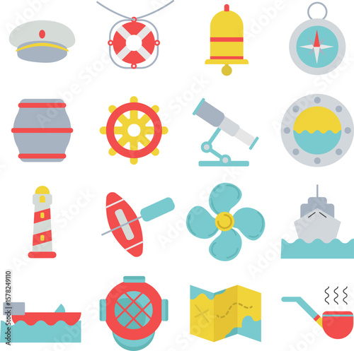 Sailor illustration set. Includes of navy, ship, ocean, anchor, uniform, and More. Vector flat color collection