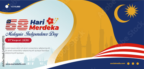 Celebrate 68th Malaysia Hari Merdeka Independence Day 2025 greeting banner template with Kuala Lumpur landmarks, 68 logo and national identity elements.  Best for Malaysia national events celebrations