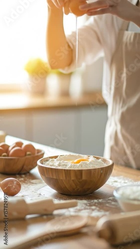 Wallpaper Mural Baking preparation Person cracking egg into flour bowl Torontodigital.ca