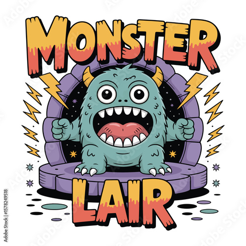 Monster Lair design and A blue cartoon monster is emerging from the cave due to the surrounding lightning vector design image