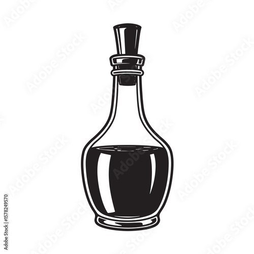 Elegant glass bottle with dark liquid and cork stopper vector
