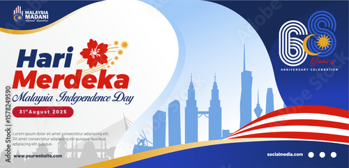 Happy 68 years Malaysia Hari Merdeka Independence Day 2025 greeting banner template with 68 logo, Kuala Lumpur skyline and national motto Malaysia Madani text. Malaysia national pride background