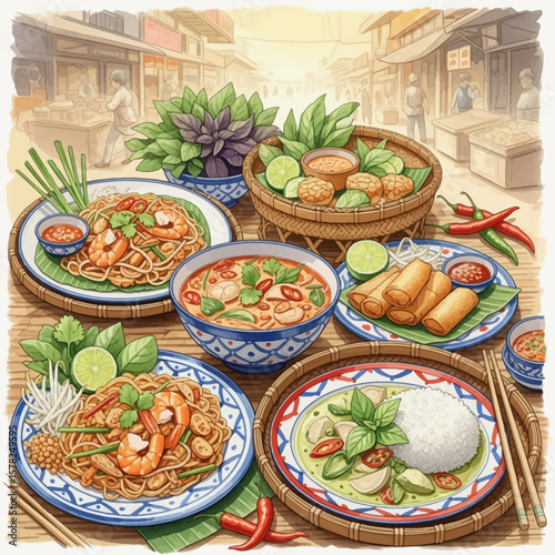 Watercolor depiction of various Thai dishes on a wooden table vibrant and appetizing.