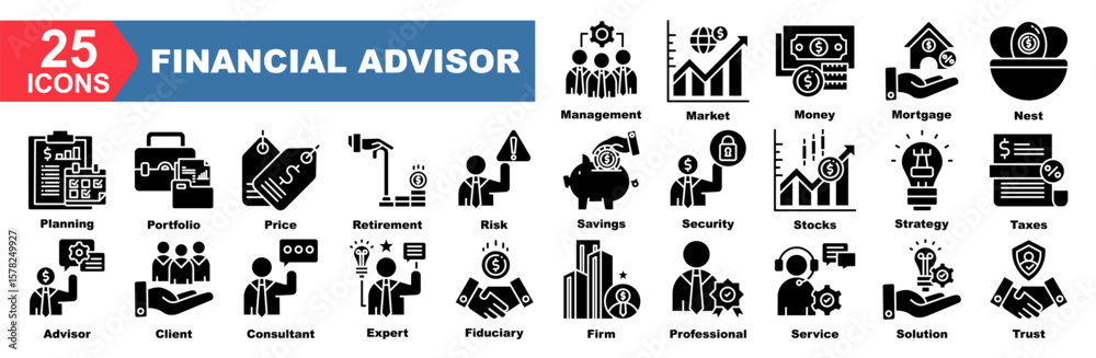 financial advisor icon collection set.Management,Market,Money,Mortgage,Retirement,Planning,Portfolio.Flat icon collection. financial advisor icon collection set.Management,Market,Money,Mortgage,Retirement,Planning,Portfolio.Flat icon collection.