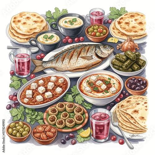 Lavish Mediterranean Feast: Grilled Fish and Abundant Mezze.