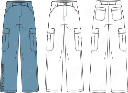 Cargo pants flat sketch, fashion technical drawing, front and back view, unisex streetwear, casual pants design template for apparel illustration