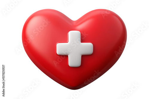 Red heart with white medical cross symbol isolated on transparent background