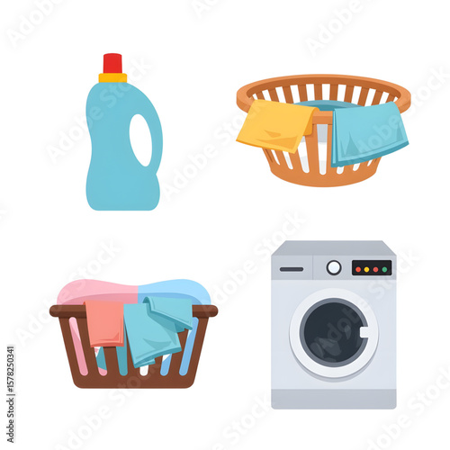 Laundry detergent bottle and baskets with clothes beside washing machine  
