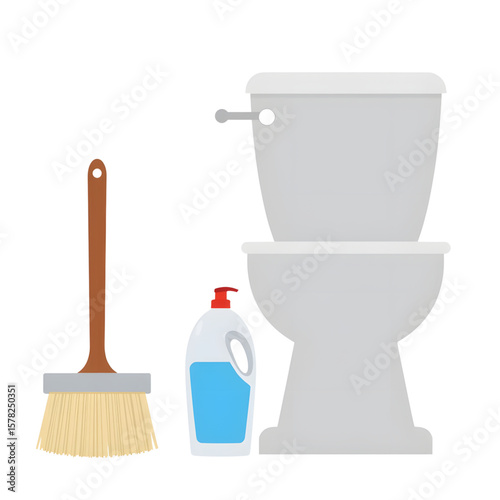Cleaning supplies including toilet brush and detergent bottle  