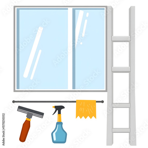 Cleaning supplies for window maintenance with ladder and squeegee  
