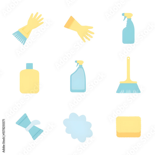 Cleaning supplies in flat design with various tools and colors  