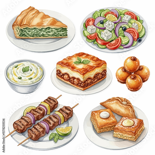 Watercolor depiction of assorted Greek cuisine dishes on plates.