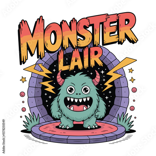 Monster Lair design and A blue cartoon monster is emerging from the cave due to the surrounding lightning vector design image