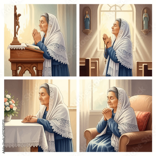 Elderly Woman in White Lace Shawl Praying in Various Settings.