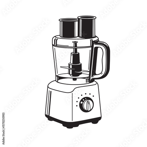 Vintage kitchen appliance food processor with blades and dual chutes retro black and white