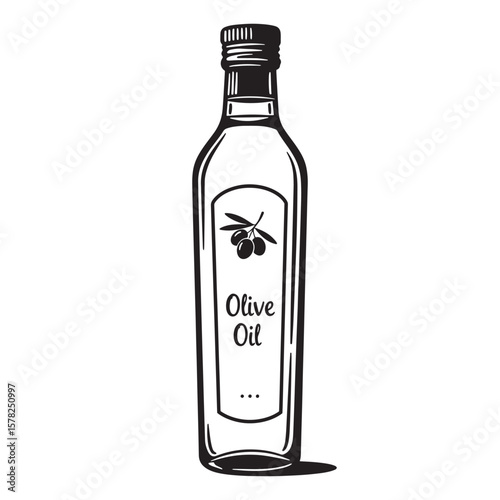 Vintage olive oil bottle with olives food beverage