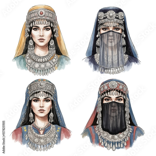 Four Women in Traditional Middle Eastern Attire Detailed Portraits.