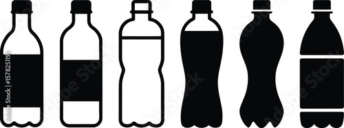 Illustration of six different shaped bottles in black and white on a white background vector art