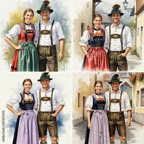 Four Watercolor Portraits of Couples in Traditional Bavarian Tracht.