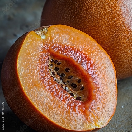 generate a closeup of a mamey sapote with natural lighting and trending seo optimized