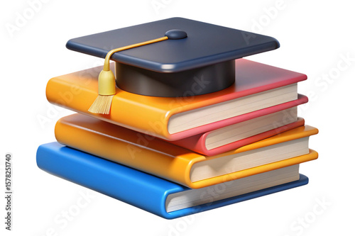 Stack of colorful books topped with a graduation cap isolated on transparent background