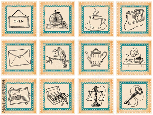 symbols of elements perfect for vintage-style stamp designs to decorate a store (like a café, boutique, or general shop)
