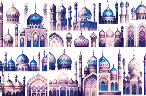 ornate Islamic mosques and architectural elements in vibrant watercolor style