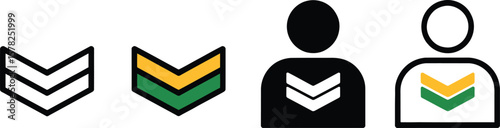 Illustration of chevron rank insignia in different styles including on a person icon design