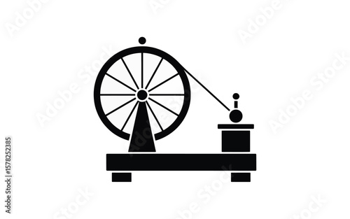 A black and white graphic of a spinning wheel with a large wheel and a smaller spinning bobbin