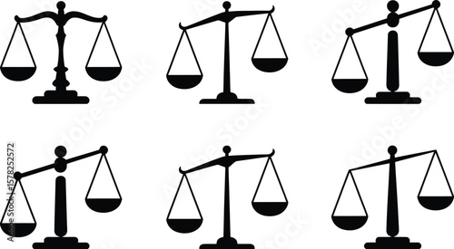 Illustration shows six black scales of justice in varying states of balance on white background