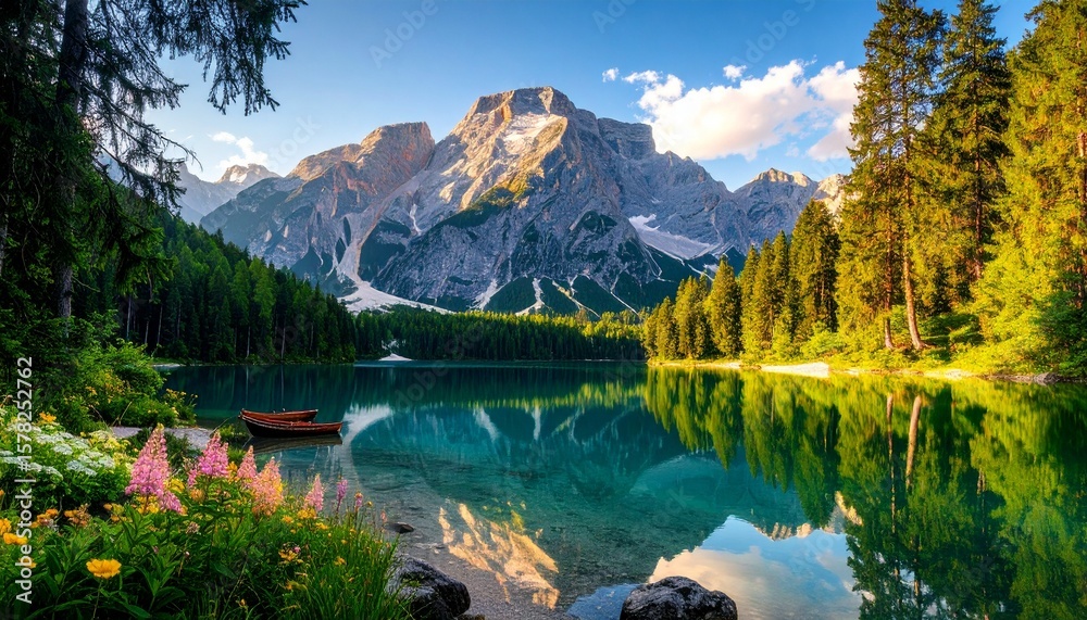 Fototapeta premium Serene alpine lake nestled amidst towering peaks, reflecting a vibrant sky.