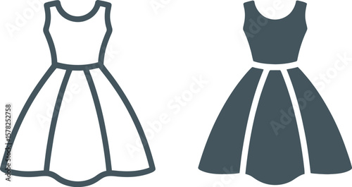 Two simple dress icons one outlined in white and one solid gray on a white background design