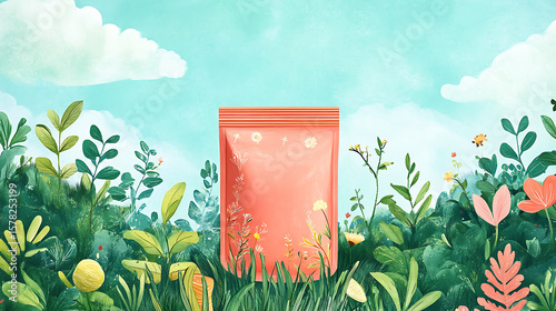 illustrated food pouch mockup on painted grass texture, hand-drawn label design, artistic scene with whimsical nature background.