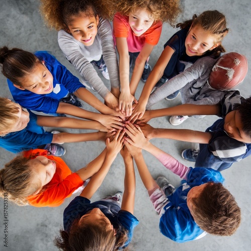 group of children giving a group cheer hands all in center overhead view dynamic composition sports team theme
