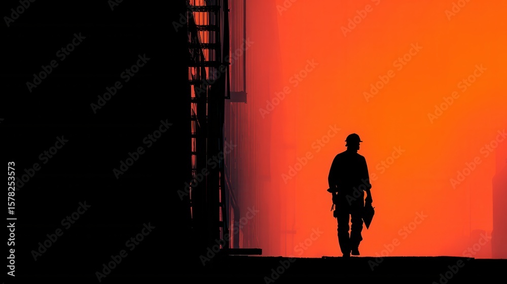 Fototapeta premium Silhouette of Worker Walking Through Industrial Area at Sunset