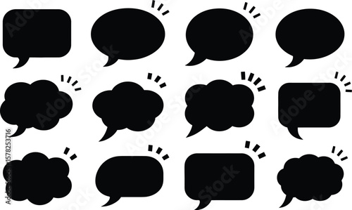 A collection of twelve black speech bubbles of various shapes on a white background isolated