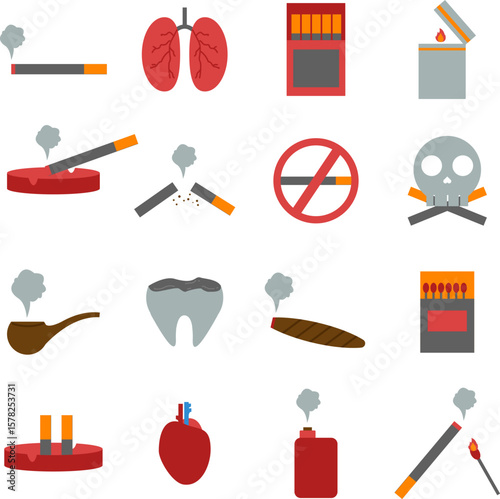 Smoking illustration set. Includes of cigarette, tobacco, nicotine, addiction, and More. Vector flat color collection