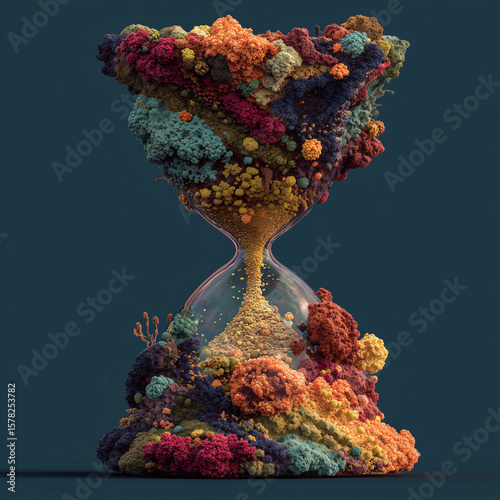 Abstract hourglass with organic textures and vibrant colors, representing biological time rhythms.