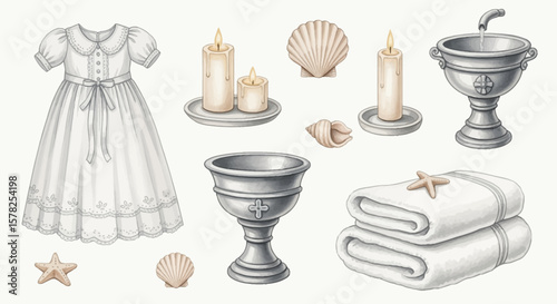 Watercolor Illustration of Baptismal Items Symbolizing Faith and Ceremony.